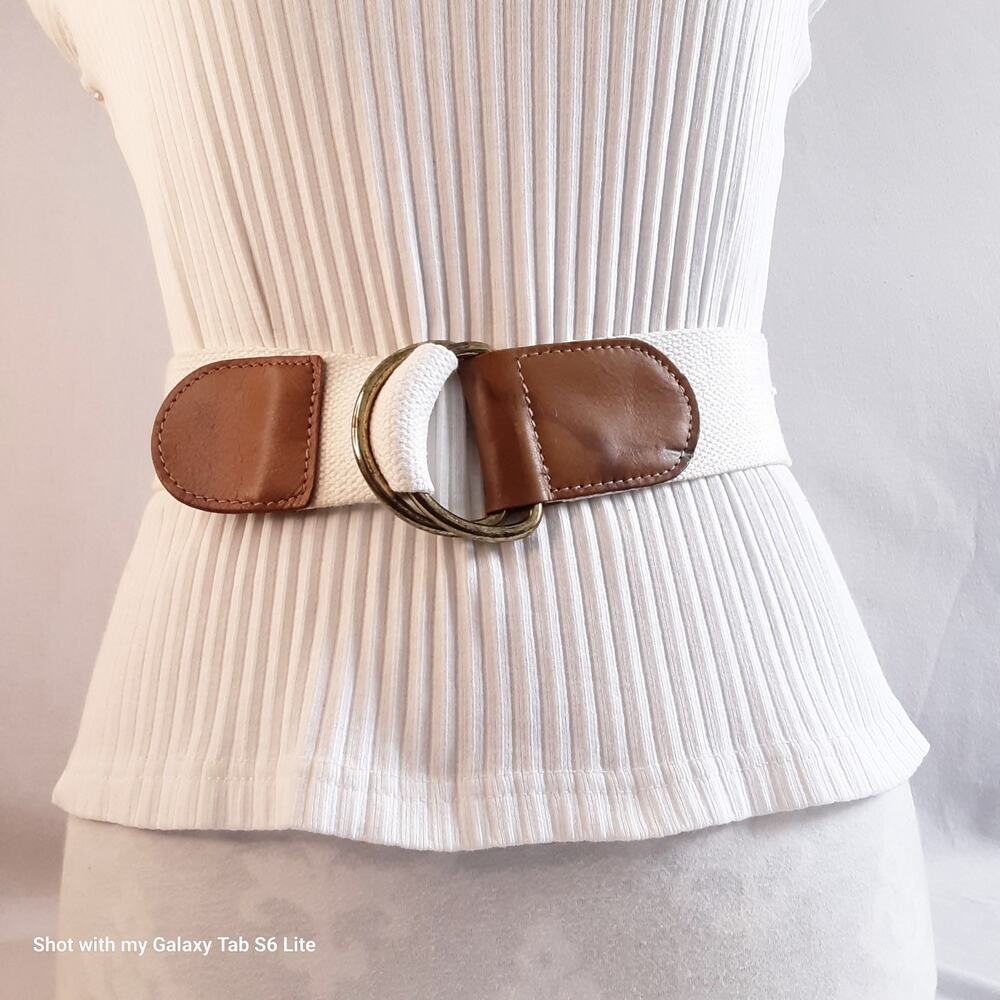 💎Hong Kong Womens Sucingle Belt Small Medium Peanut Brown White Canvas Cotton